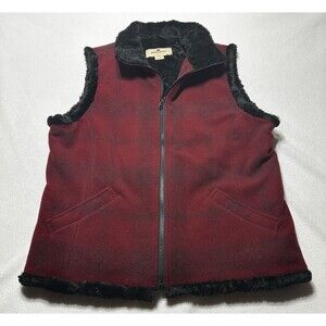 Woolrich Wool Faux Fur Lined Vest Women’s Ruby Plaid Red Black Zip Size Large